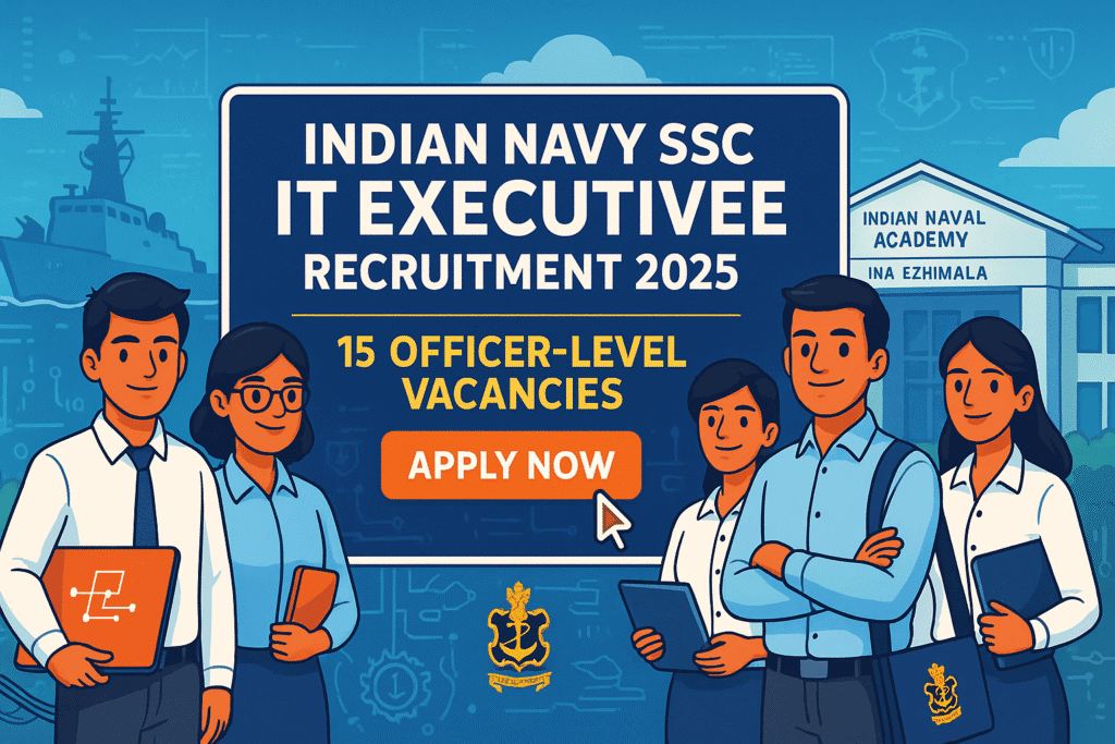Young candidates standing in front of Indian Naval Academy with banner showing Indian Navy SSC IT Executive Recruitment 2025 and Apply Now button