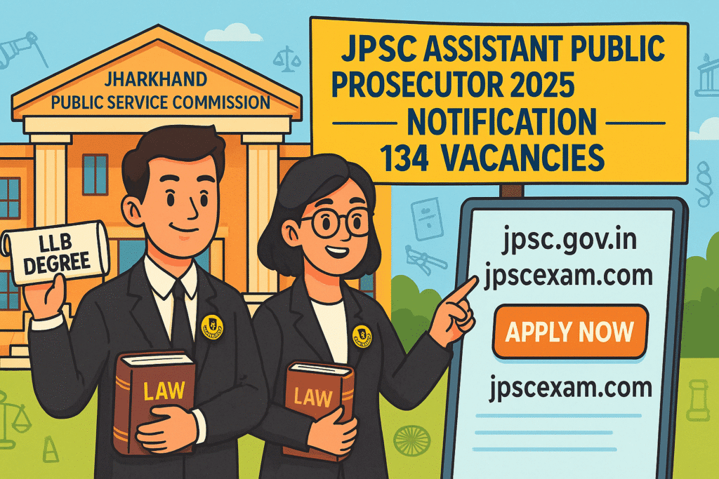 Cartoon of male and female law graduates holding law books and LLB degree outside Jharkhand Public Service Commission building for JPSC Assistant Public Prosecutor 2025 Notification