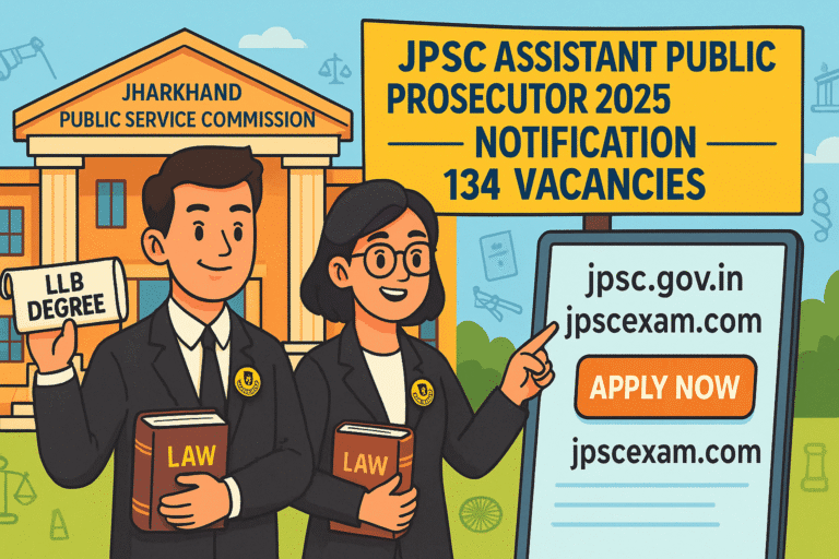 Cartoon of male and female law graduates holding law books and LLB degree outside Jharkhand Public Service Commission building for JPSC Assistant Public Prosecutor 2025 Notification
