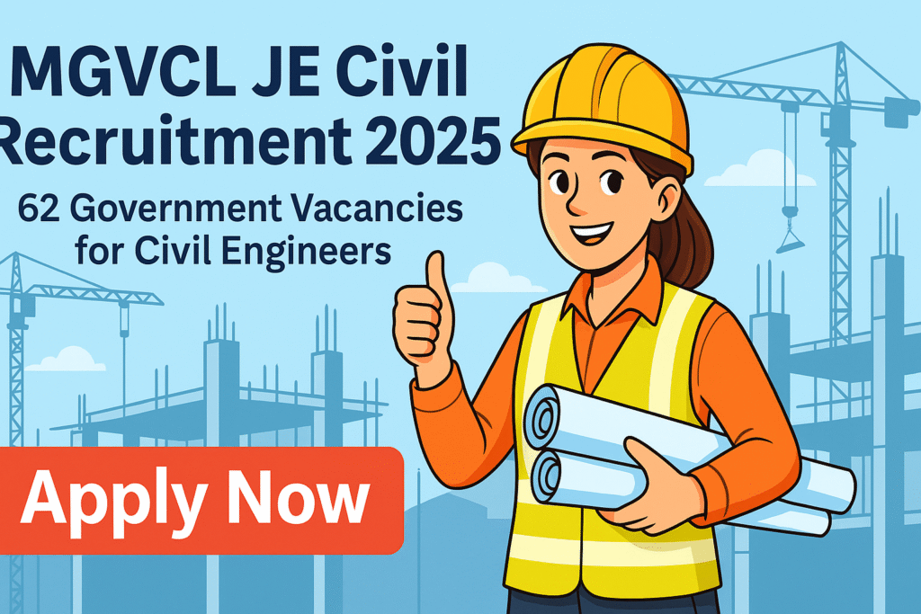 Cartoon illustration of a civil engineer promoting MGVCL JE Civil Recruitment 2025 with 62 vacancies at a construction site background.