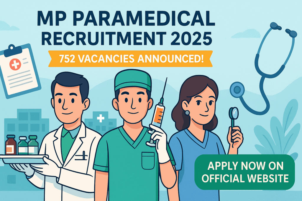 Cartoon-style banner image showing paramedical professionals with hospital background for MP Paramedical Recruitment 2025 – 752 vacancies highlighted