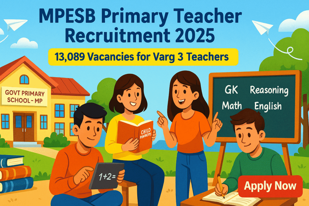 Cartoon-style banner showing young aspirants preparing for MPESB Primary Teacher Recruitment 2025 in a school-themed background with “Apply Now” button.