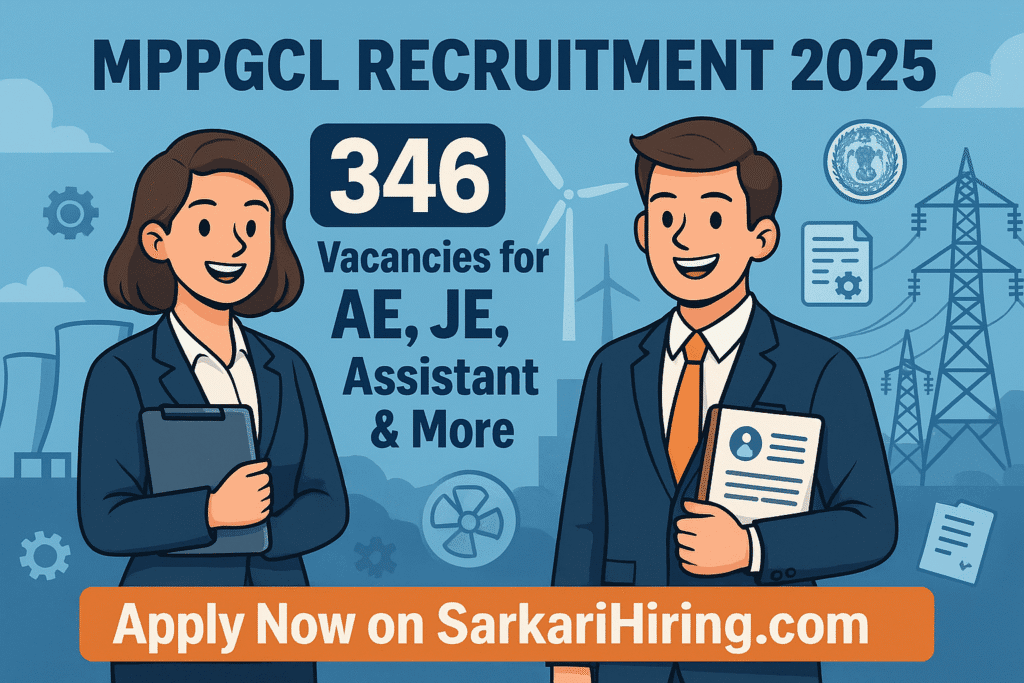 Cartoon-style banner for MPPGCL Recruitment 2025 showing 346 vacancies for AE, JE, Assistant and more with apply now call-to-action.