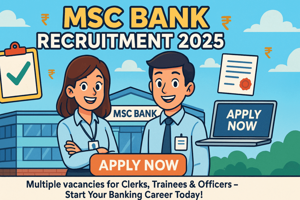 Cartoon-style promotional banner for MSC Bank Recruitment 2025 featuring two young professionals in front of MSC Bank with icons for eligibility, apply now, and job roles.