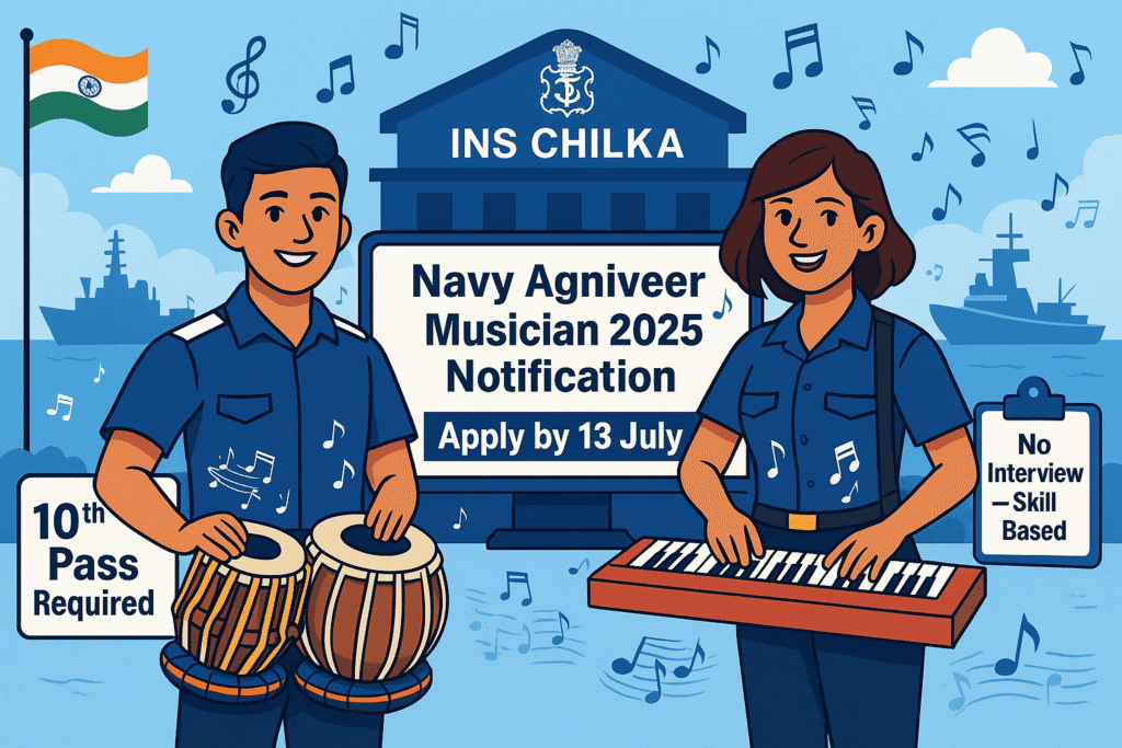 Cartoon-style illustration for Navy Agniveer Musician 2025 Notification showing male and female candidates with tabla and keyboard in front of INS Chilka, highlighting “Apply by 13 July.”