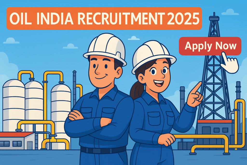 Cartoon-style image showing two young professionals in safety helmets standing in front of an oil refinery, promoting Oil India Recruitment 2025 with 263 vacancies and an "Apply Now" button.