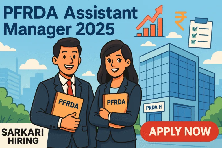 Cartoon illustration of candidates applying for PFRDA Assistant Manager 2025 exam in front of PFRDA HQ