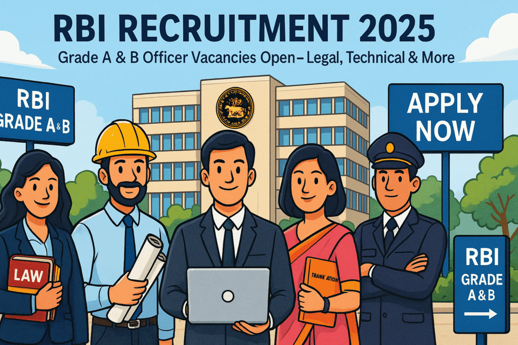 Cartoon-style illustration showing diverse candidates in front of RBI headquarters for RBI Recruitment 2025 Grade A and B vacancies