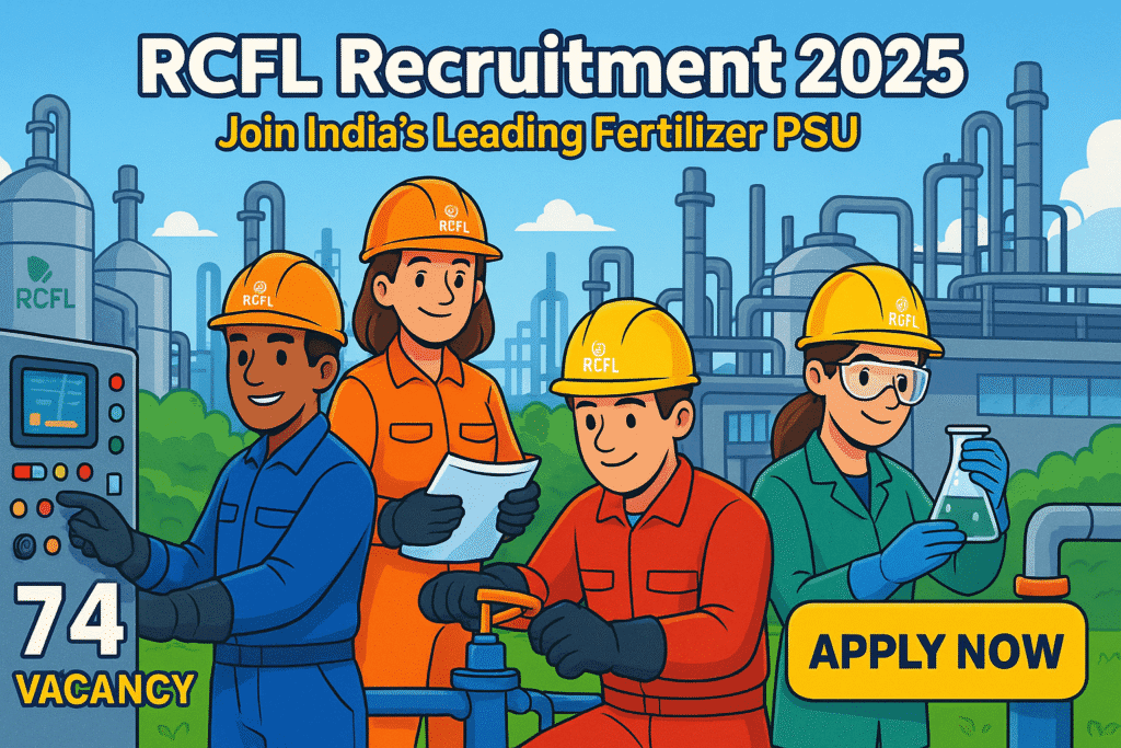 Cartoon-style illustration of candidates at a chemical plant for RCFL Recruitment 2025, featuring Operator, Technician, Fireman, and Nurse roles.