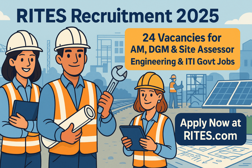 Cartoon-style illustration for RITES Recruitment 2025 showing engineers and site assessors in safety gear with railway and solar infrastructure in the background.