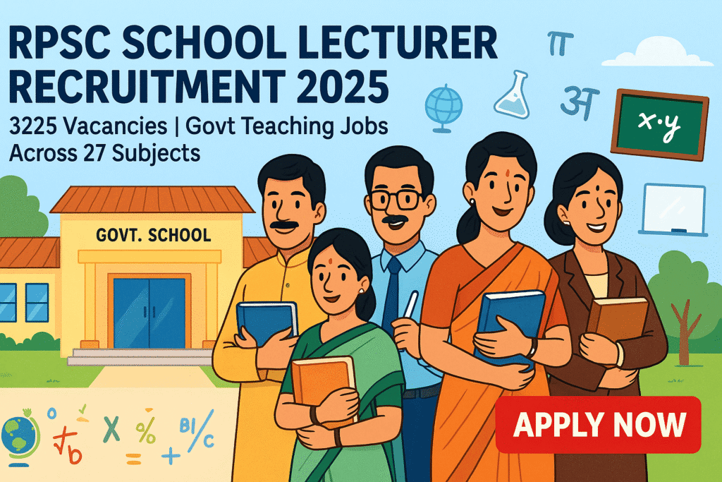 Cartoon illustration showing diverse teachers in front of a Rajasthan government school building promoting RPSC School Lecturer Recruitment 2025 with Apply Now button and subject icons.