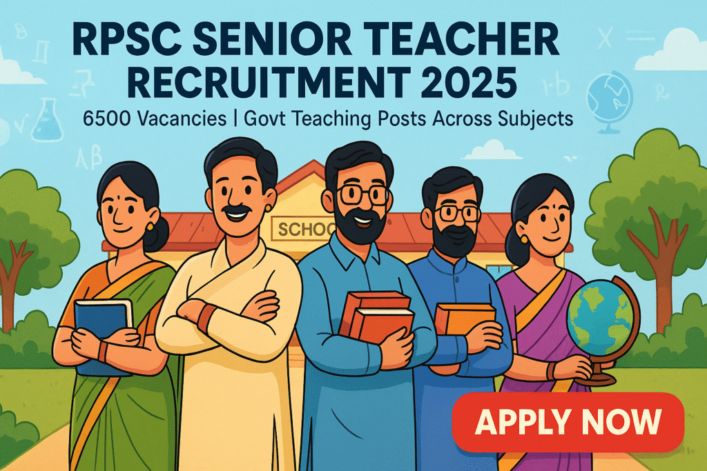 Cartoon-style illustration of teachers standing in front of a school for RPSC Senior Teacher Recruitment 2025