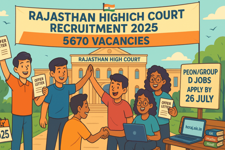Cartoon illustration of Rajasthan High Court Recruitment 2025 showing happy candidates with offer letters in front of the High Court building.