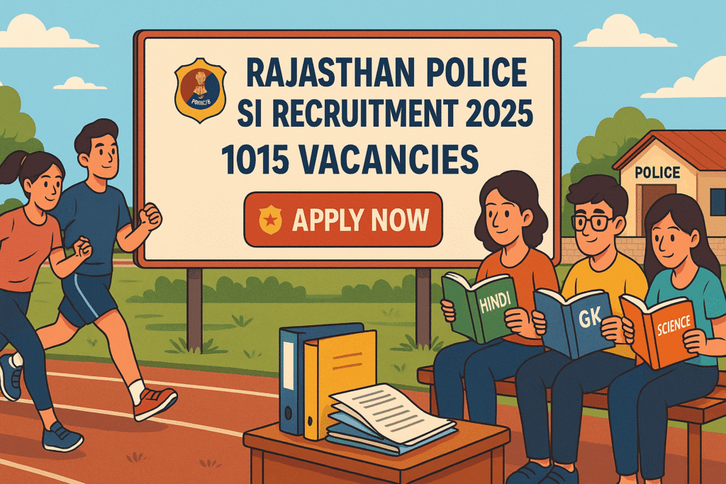 Cartoon-style illustration of candidates preparing for Rajasthan Police SI Recruitment 2025 with running track, study books, and Apply Now board.