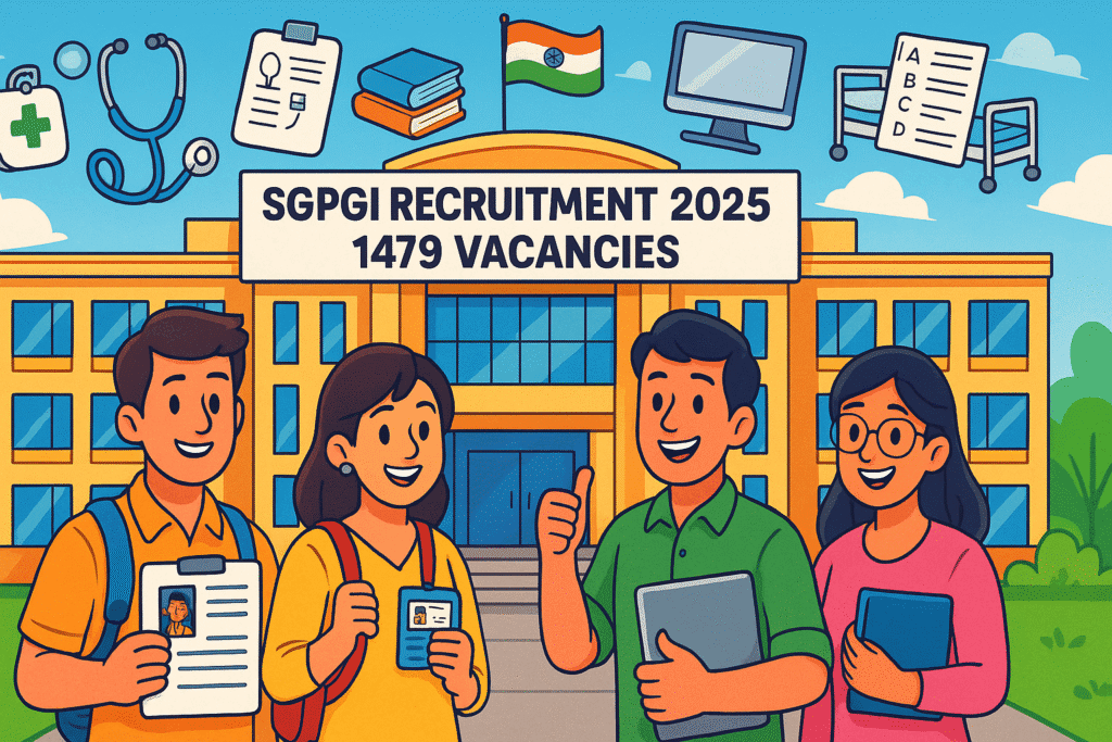 Cartoon illustration of candidates in front of SGPGIMS Lucknow building for SGPGI Recruitment 2025 with signage showing 1479 vacancies and career-related icons.