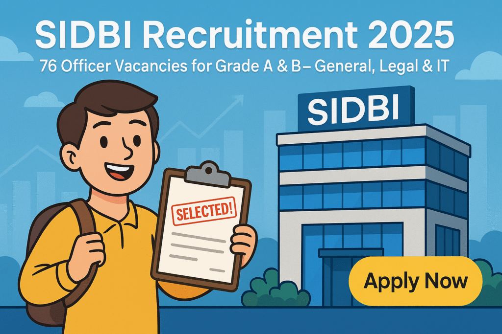 Cartoon illustration of SIDBI Recruitment 2025 featuring a young aspirant in front of a government office building with SIDBI logo and “Selected” clipboard