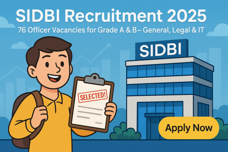 Cartoon illustration of SIDBI Recruitment 2025 featuring a young aspirant in front of a government office building with SIDBI logo and “Selected” clipboard