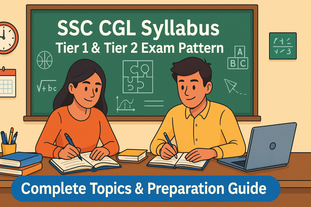 Cartoon illustration of two Indian aspirants studying with books, laptop, and chalkboard showing subjects for SSC CGL 2025 Syllabus Tier 1 & Tier 2 exam pattern.