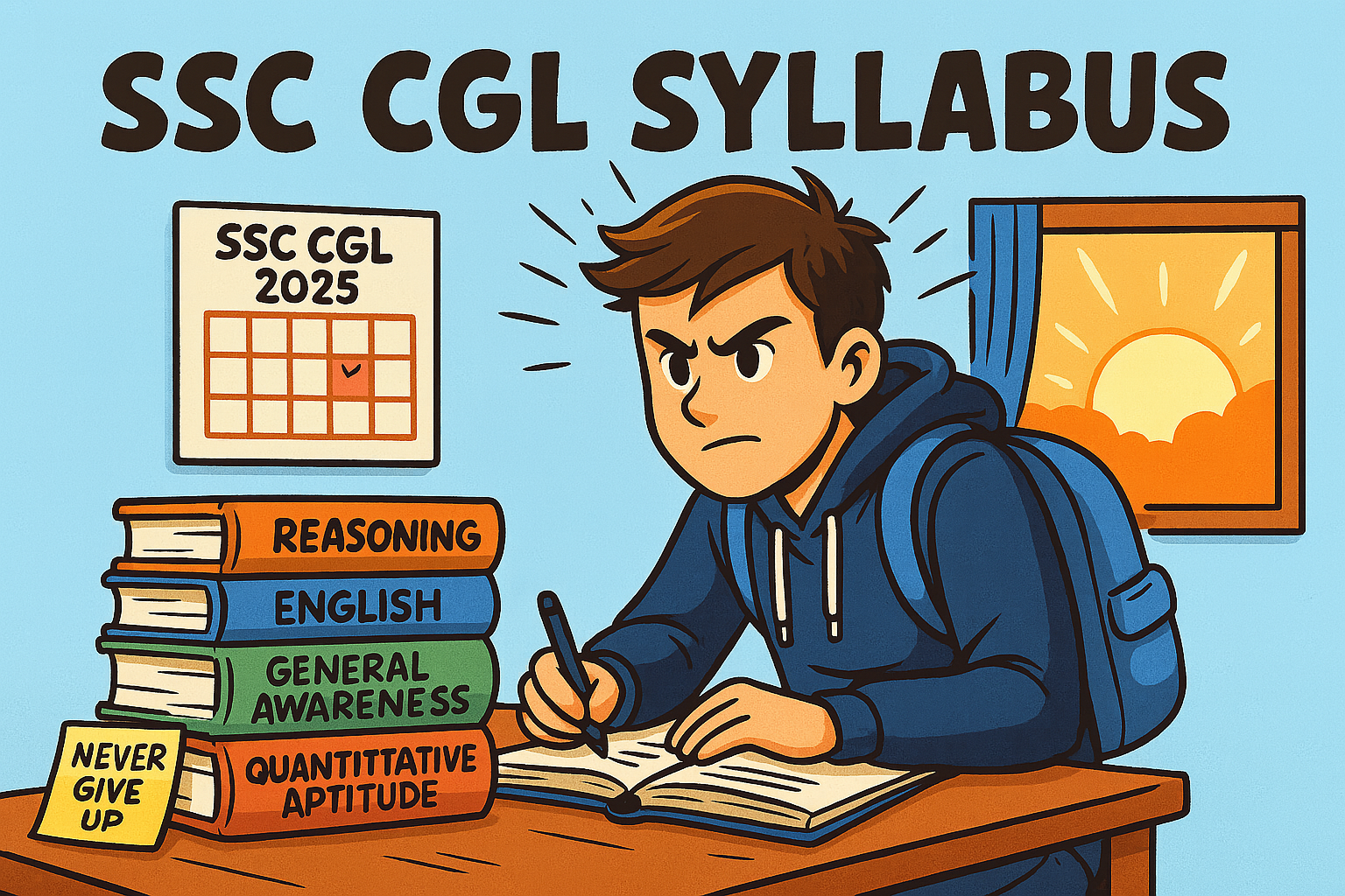 Cartoon illustration of a student studying for SSC CGL 2025 syllabus with books and motivational elements