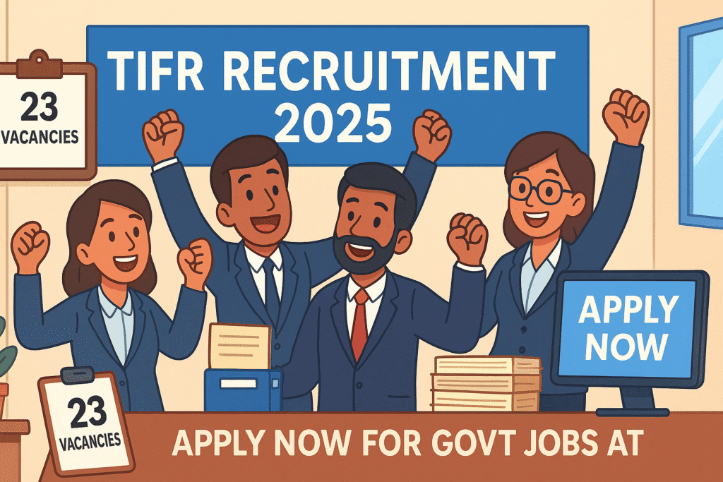 Cartoon-style illustration of candidates celebrating selection under TIFR Recruitment 2025 in a government office setting