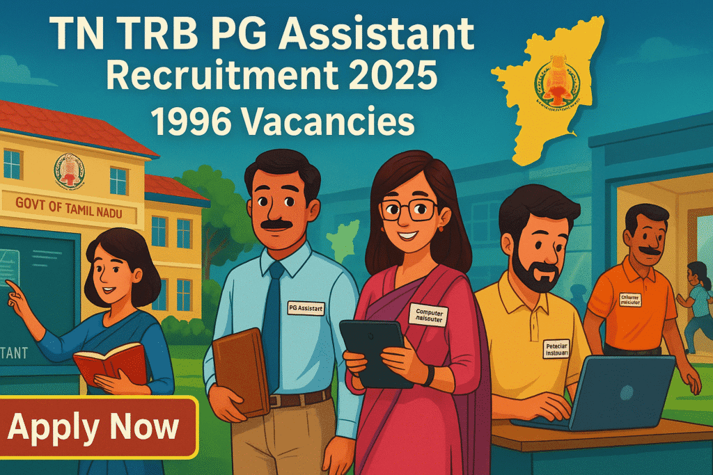 Cartoon illustration of candidates applying for TN TRB PG Assistant Recruitment 2025 at a Tamil Nadu government school