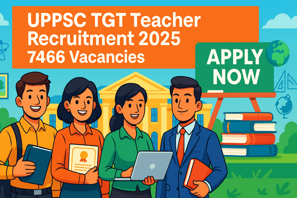 Cartoon-style illustration of candidates applying for UPPSC TGT Teacher Recruitment 2025 – 7466 Vacancies, standing in front of an educational building with books, certificates, and "Apply Now" banner.