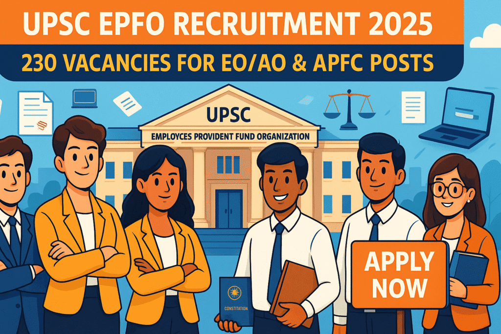 Cartoon-style illustration showing candidates and UPSC EPFO Recruitment 2025 office backdrop with Apply Now banner.
