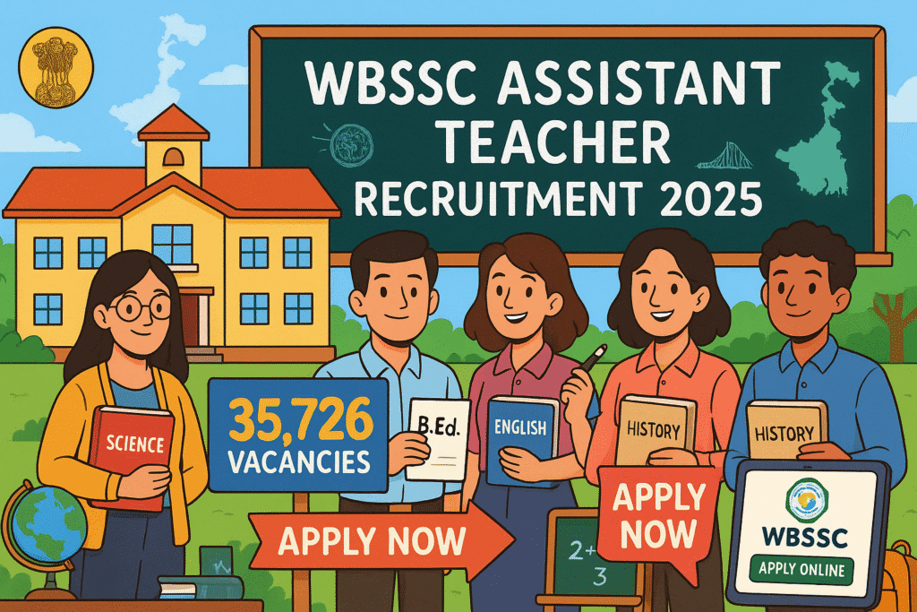 Cartoon-style illustration showing WBSSC Assistant Teacher Recruitment 2025 with candidates, school setting, and Apply Now banner for 35,726 vacancies.