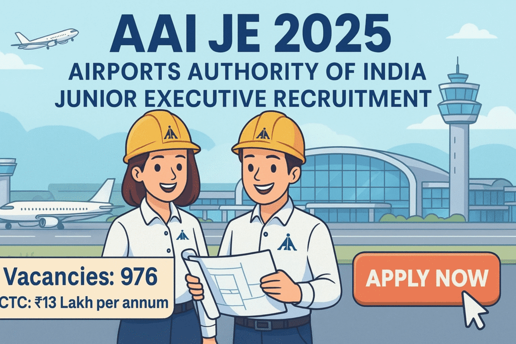 Cartoon-style banner for AAI JE 2025 recruitment showing male and female junior executives with airport background, vacancies, salary, and Apply Now button.