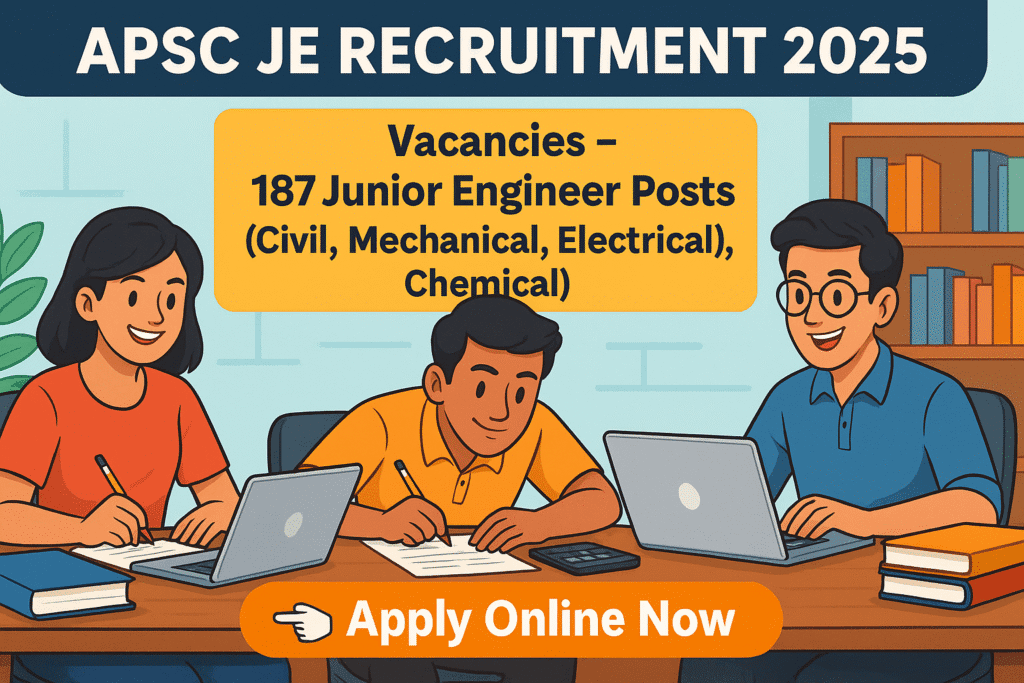 APSC JE Recruitment 2025 – Cartoon-style illustration of Indian diploma engineering aspirants preparing for exams with books, laptops, and exam sheets.
