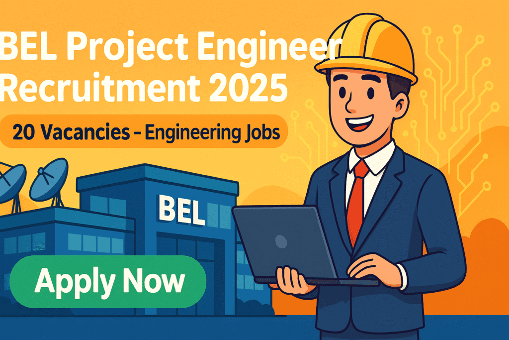 Cartoon illustration of BEL Project Engineer Recruitment 2025 banner with engineer holding laptop, BEL building, 20 vacancies and Apply Now button.