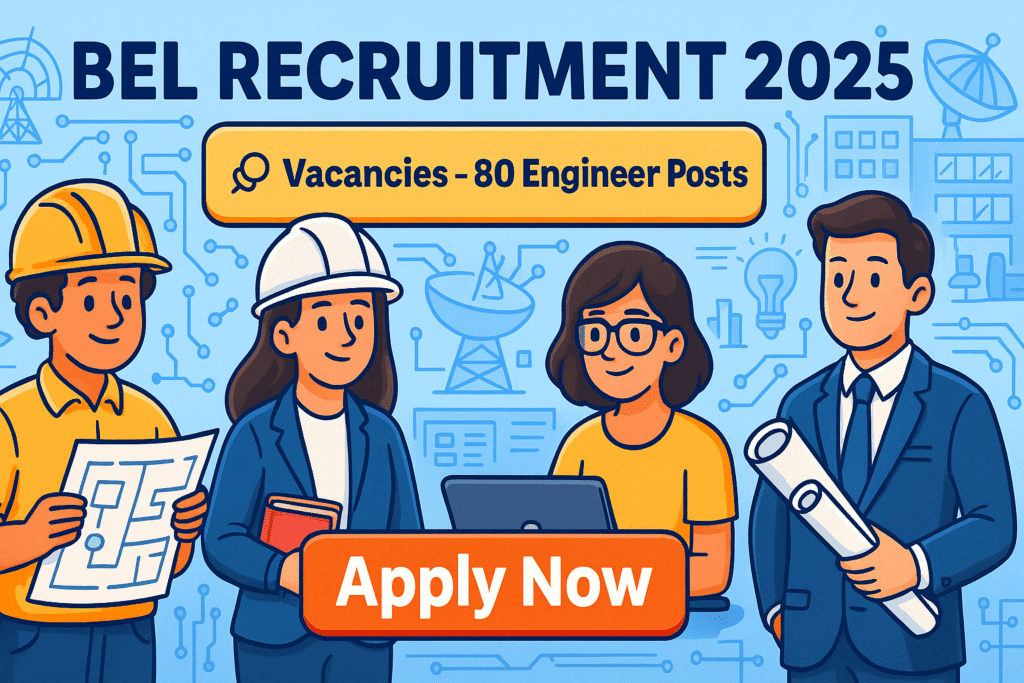 HD cartoon-style banner for BEL Recruitment 2025 showing 80 engineer vacancies and Apply Now button.