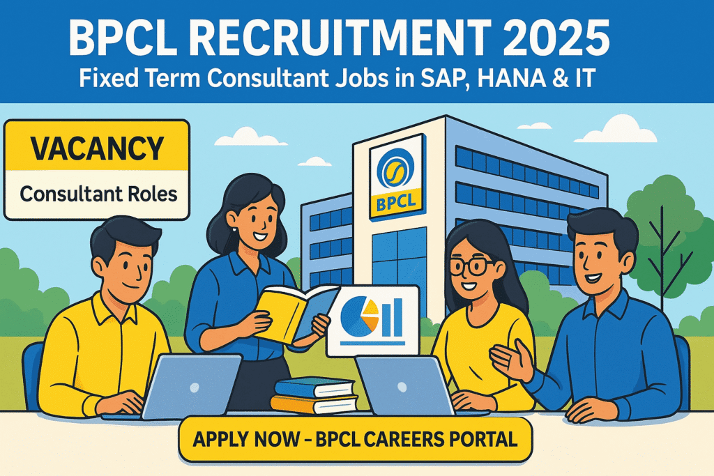 Cartoon illustration of young aspirants with laptops and books in front of BPCL office promoting BPCL Recruitment 2025 consultant jobs in SAP, HANA and IT.