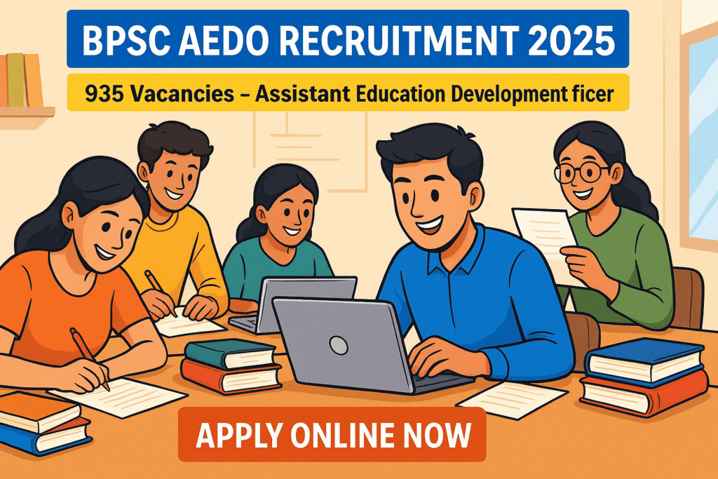 Cartoon-style illustration of Indian students studying for BPSC AEDO Recruitment 2025 with banner text showing 935 Vacancies and Apply Online Now.