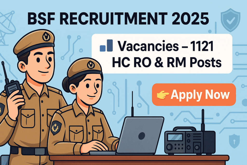 BSF Recruitment 2025 banner with cartoon-style aspirants and 1121 HC RO RM vacancies