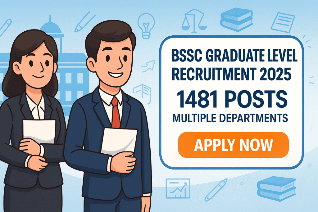 Cartoon-style banner for BSSC Graduate Level Recruitment 2025 showing aspirants and job details with Apply Now button