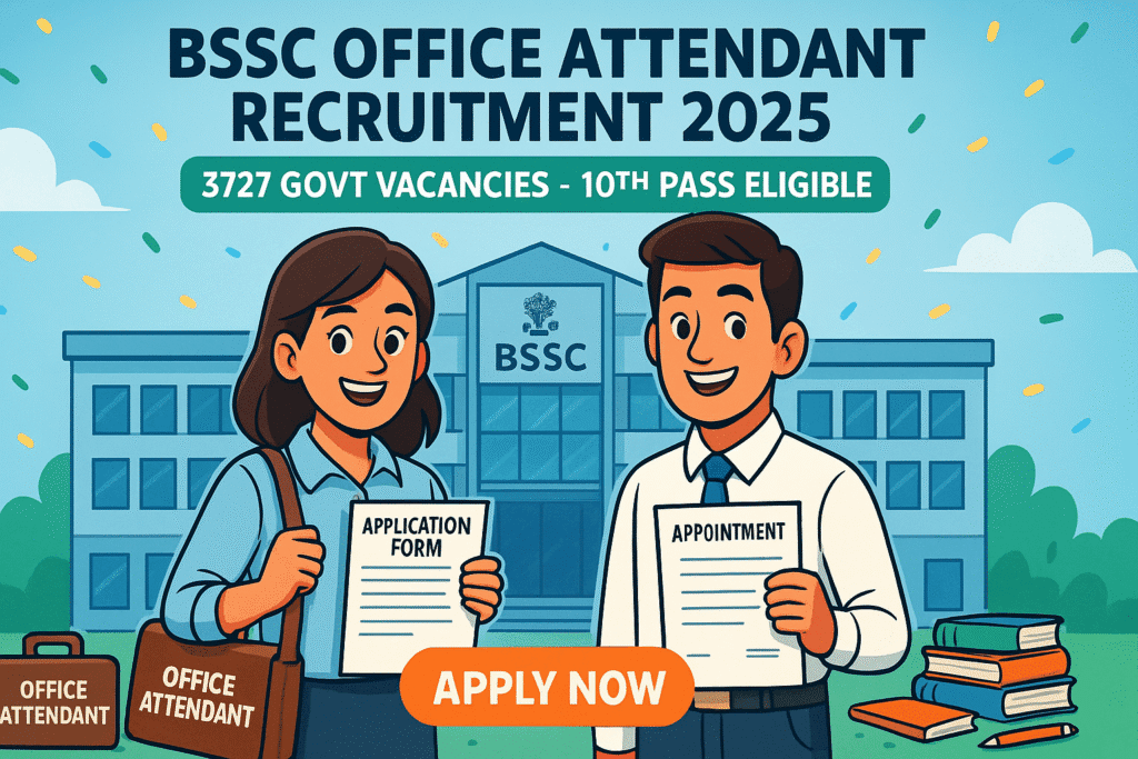 Cartoon-style illustration for BSSC Office Attendant Recruitment 2025 showing two confident candidates in front of Bihar Staff Selection Commission building with “Apply Now” text.