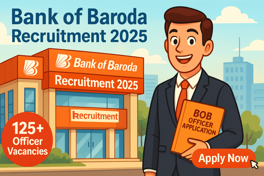 Cartoon-style illustration showing a candidate in front of a Bank of Baroda building with a “Recruitment 2025” sign – Bank of Baroda Recruitment 2025