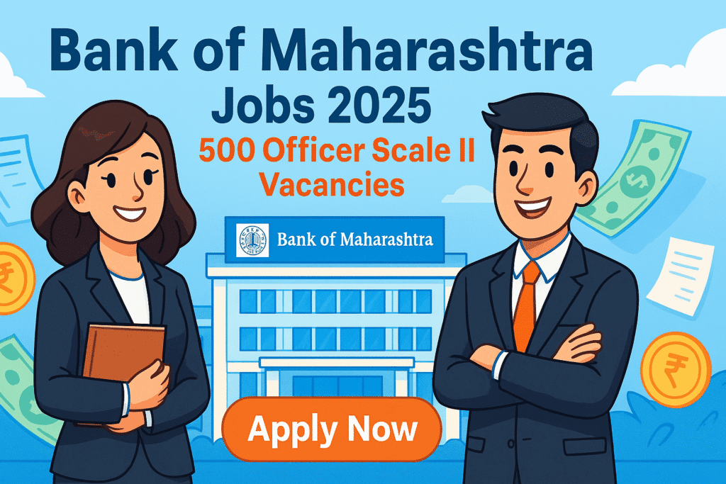 Cartoon-style illustration for Bank of Maharashtra Jobs 2025 featuring male and female bankers, bank building, and “Apply Now” button.