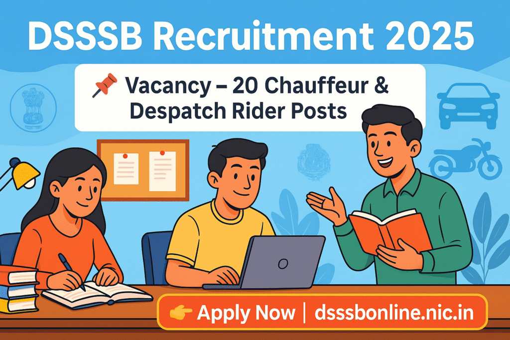 Cartoon-style banner for DSSSB Recruitment 2025 showing students preparing with books and laptops, highlighting 20 Chauffeur & Despatch Rider vacancies.