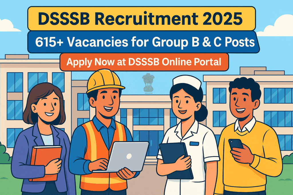 Cartoon illustration of candidates applying for DSSSB Recruitment 2025 in front of a Delhi Government building, highlighting 615+ vacancies for Group B and C posts.