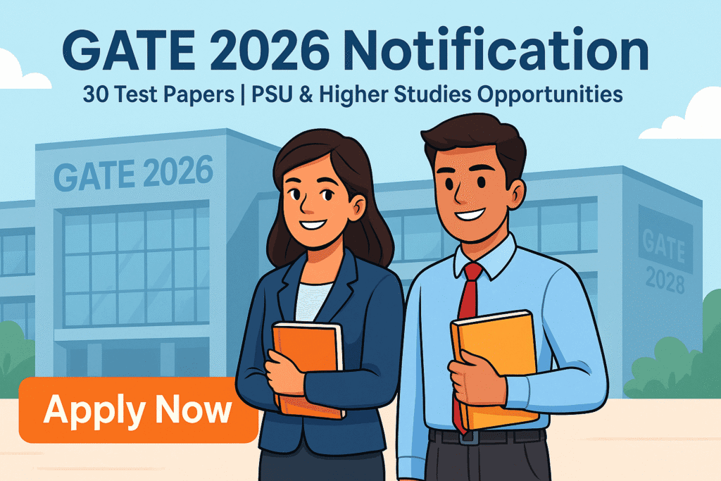 Cartoon-style illustration of two confident Indian candidates in semi-formal attire holding books, standing in front of a modern building with GATE 2026 Notification title and Apply Now button.