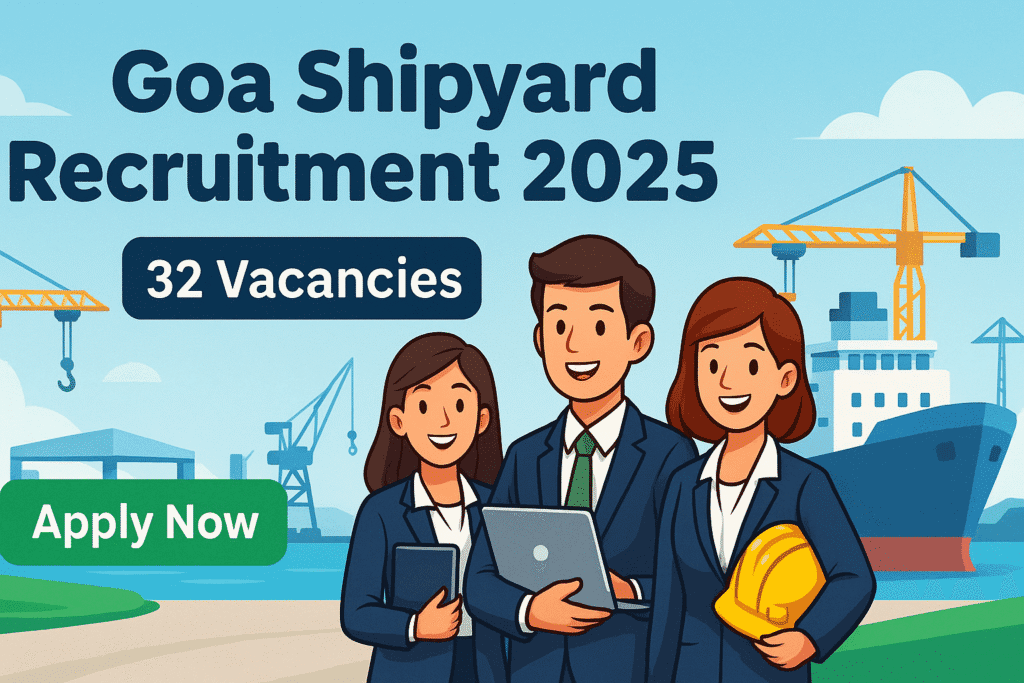 Cartoon style banner for Goa Shipyard Recruitment 2025 with shipyard background, trainees, and Apply Now button