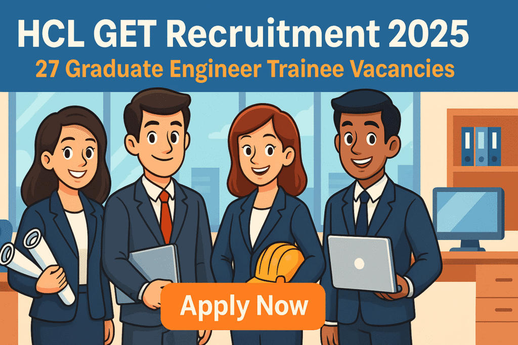 Cartoon-style illustration for HCL GET Recruitment 2025 showing diverse engineers in a modern office with job vacancy details.
