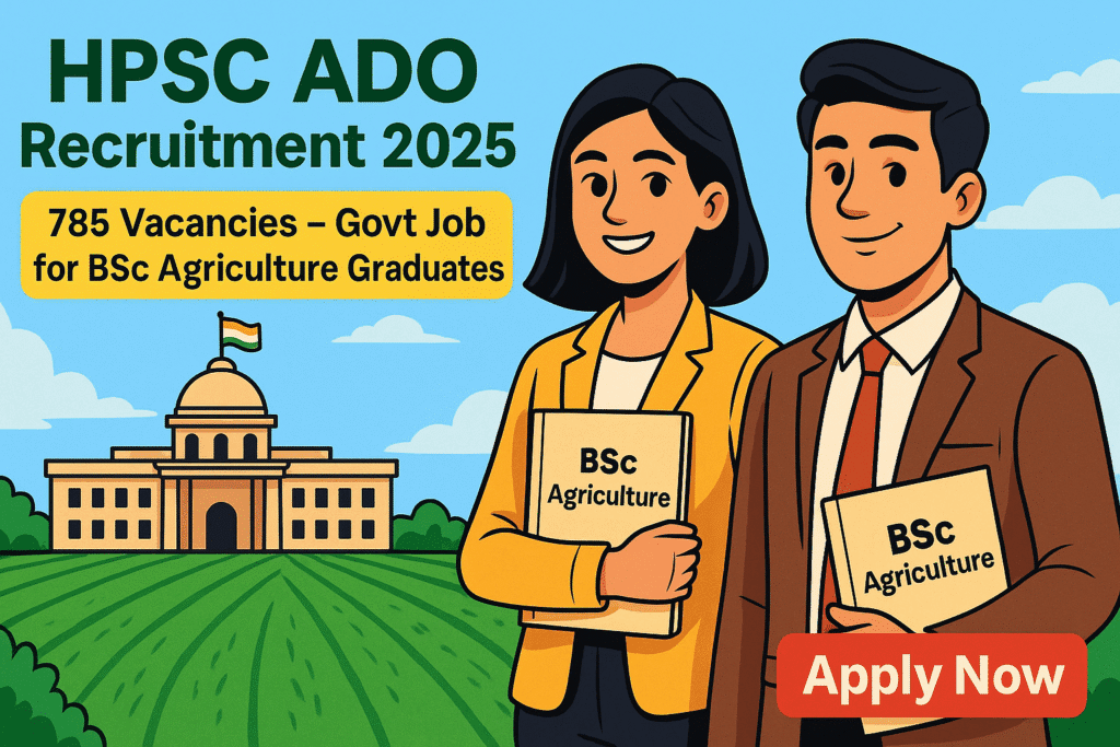 Cartoon-style illustration for HPSC ADO Recruitment 2025 showing two confident agriculture graduates with a government building and Indian flag in the background.