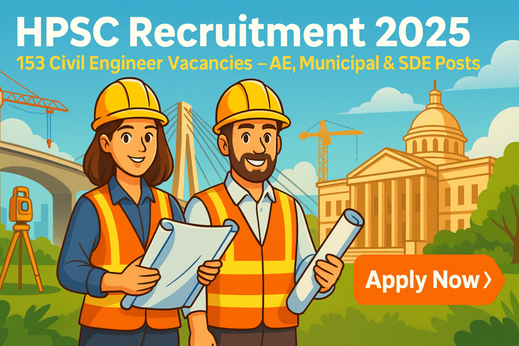 HPSC Recruitment 2025 cartoon illustration with civil engineers, bridge, and government building