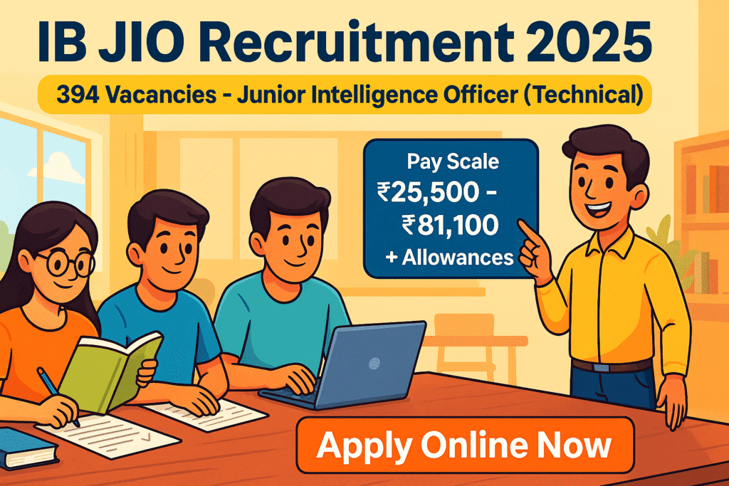 Cartoon-style illustration of students preparing for exams with banner text “IB JIO Recruitment 2025 – 394 Vacancies, Junior Intelligence Officer (Technical)” and apply online call-to-action.