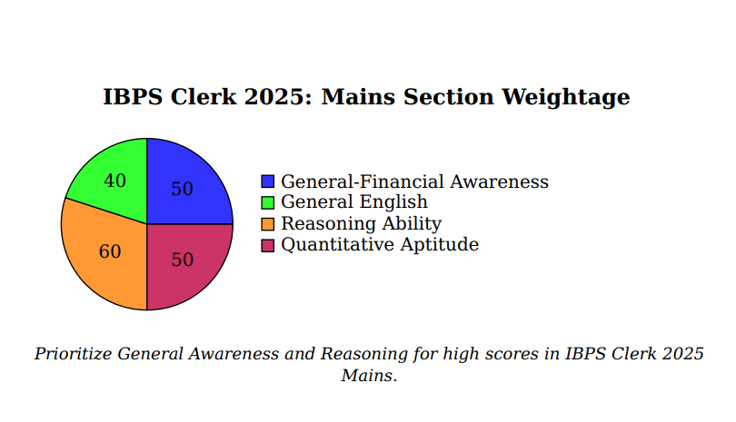 IBPS Clerk 2025 Mains Section Weightage – subject-wise marks distribution for Reasoning, Quantitative Aptitude, English, and General/Financial Awareness.