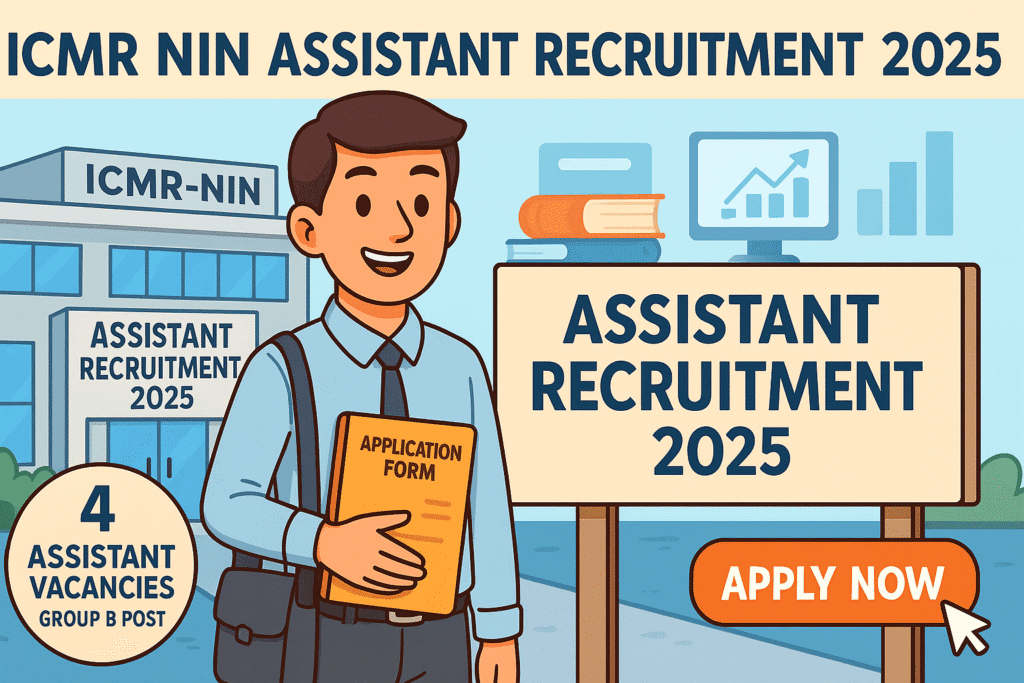 Cartoon-style illustration for ICMR NIN Assistant Recruitment 2025 showing a candidate holding an application form in front of ICMR-NIN building with apply now button.