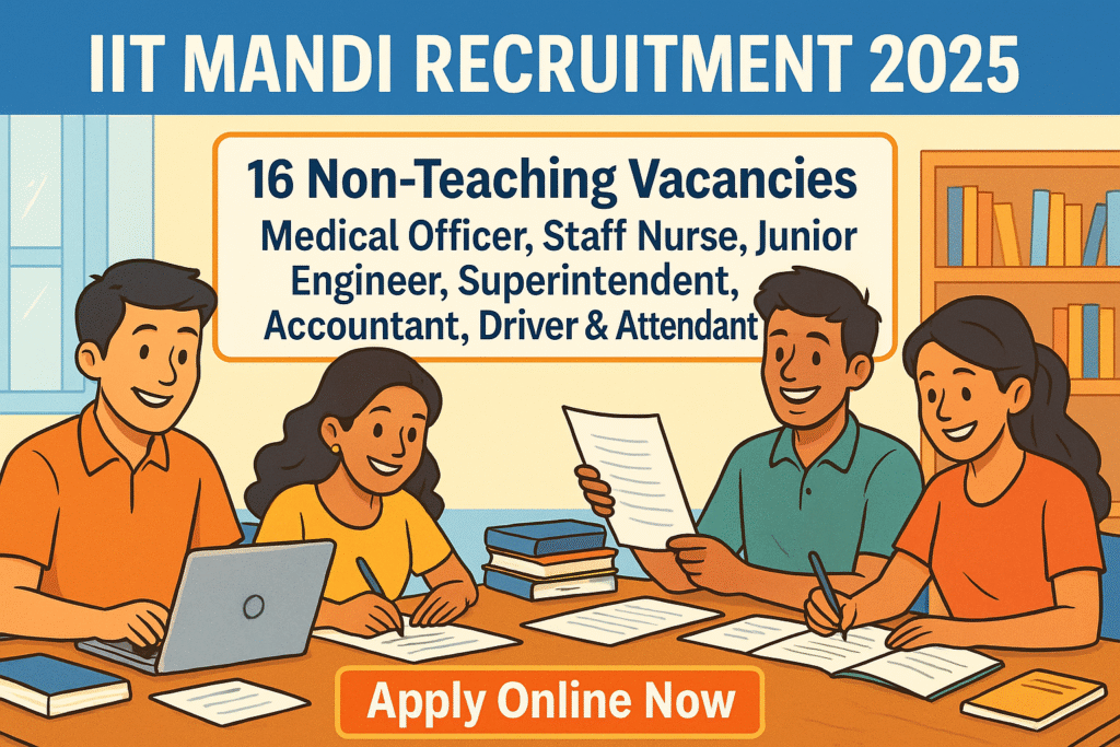 IIT Mandi Recruitment 2025 cartoon illustration of students preparing for exams with vacancy and apply online details.
